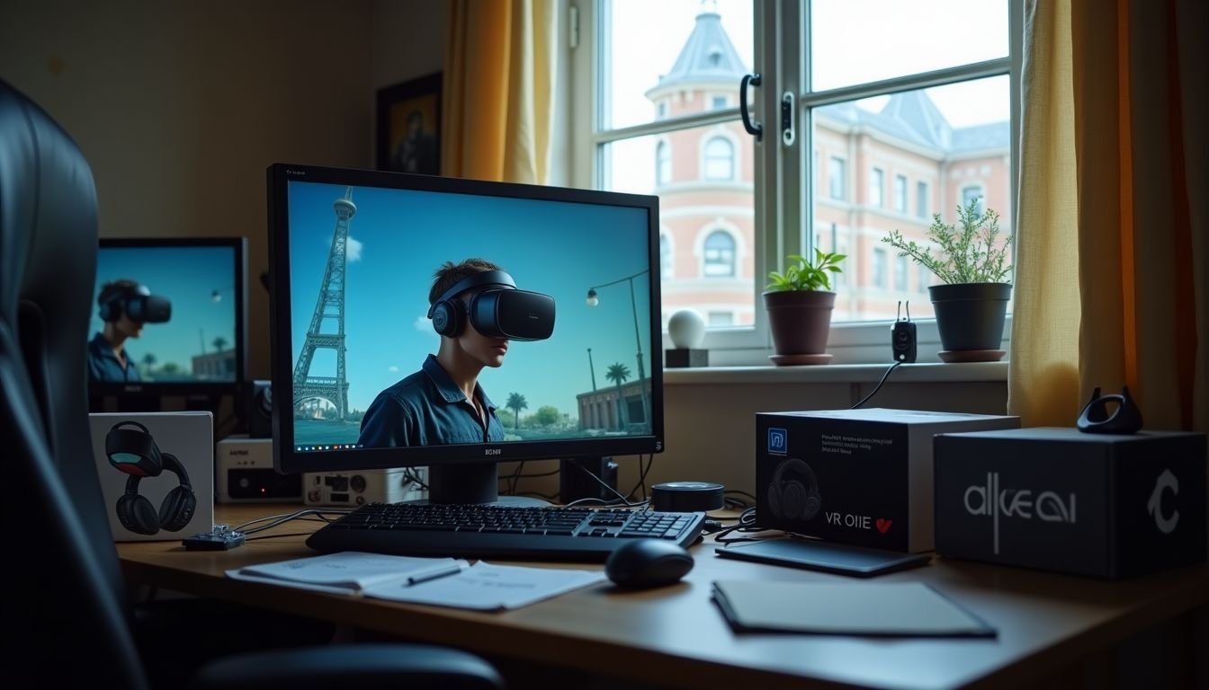 A cluttered desk with open computer displaying VR game.