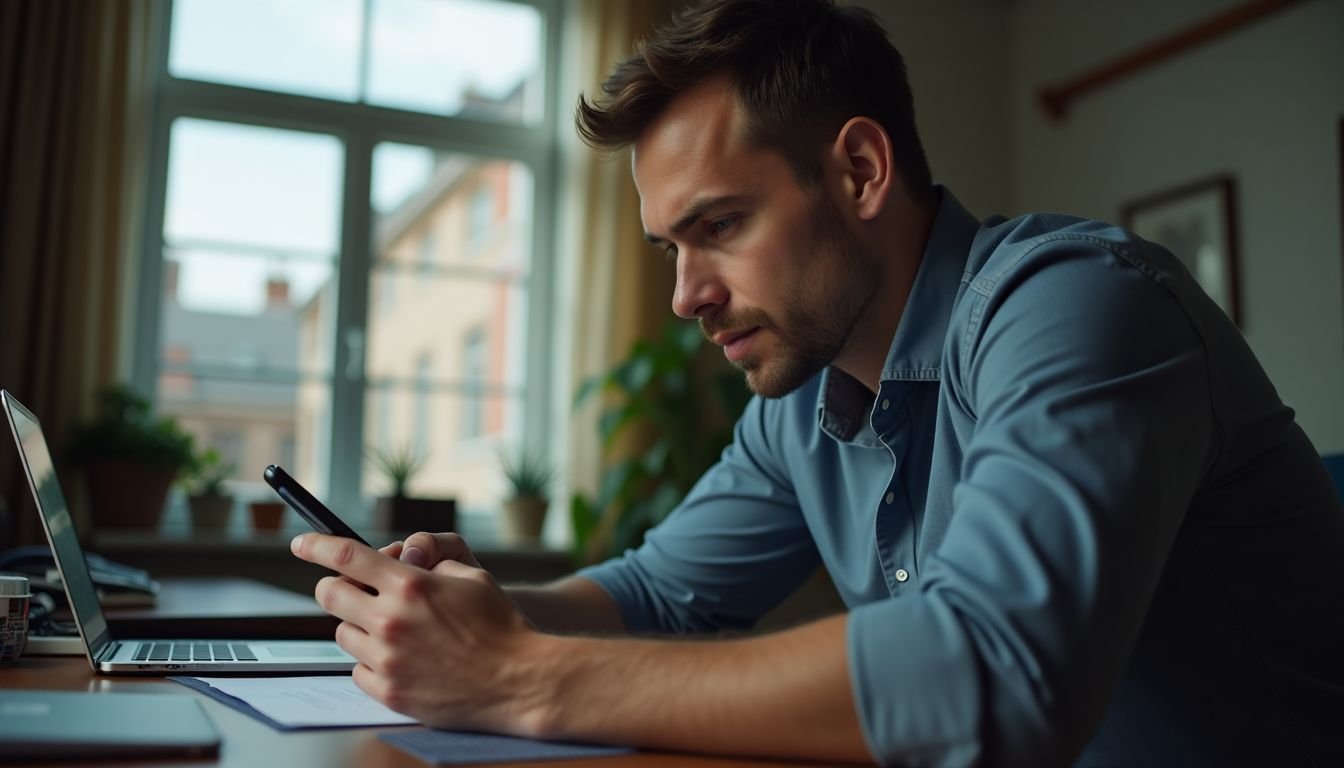 A man in his late-thirties sitting at a cluttered desk, focused on his Android device.