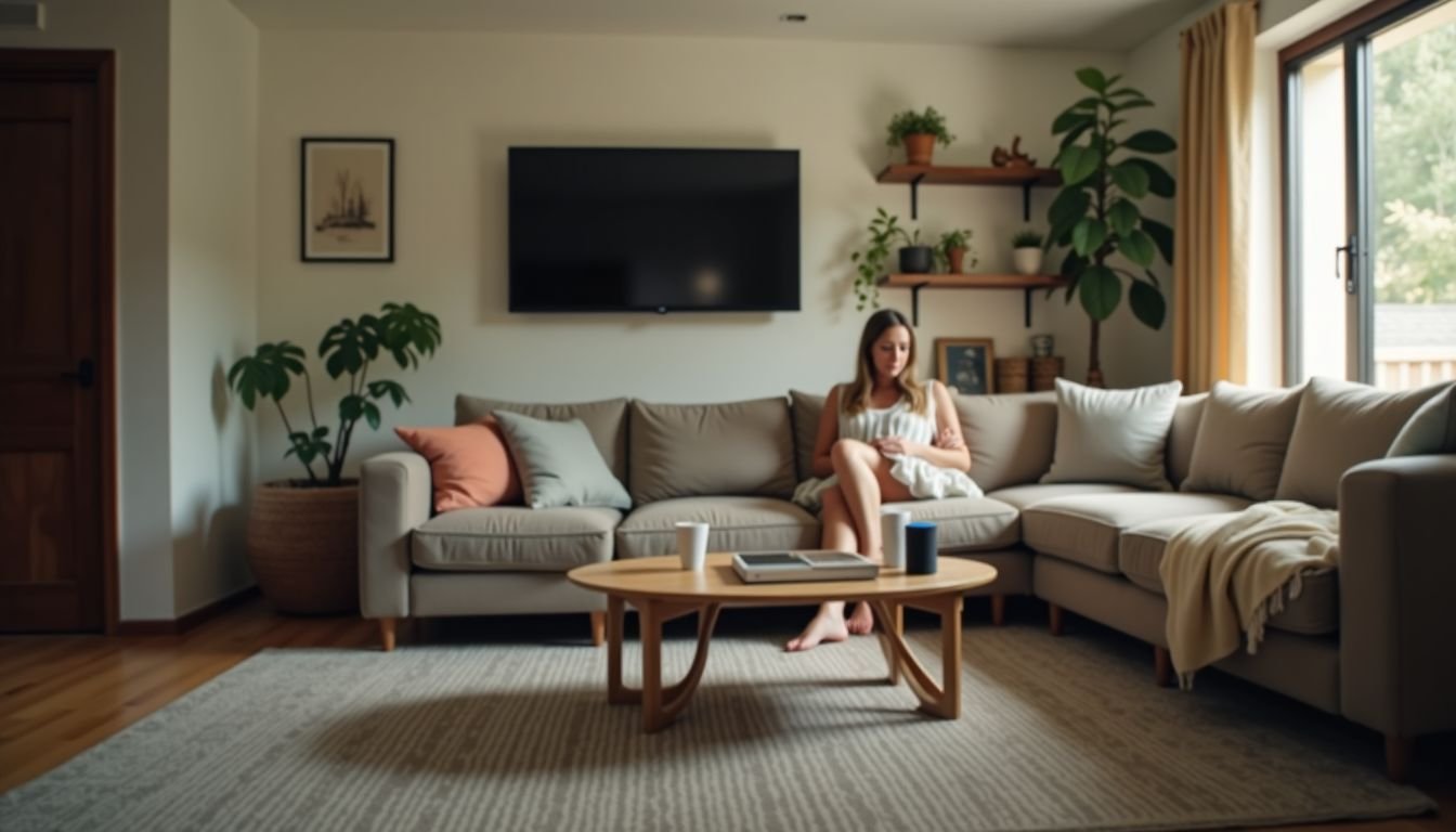 A clutter-free modern living room with smart home devices and appliances.