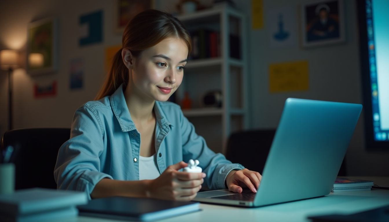 A young woman sitting at a cluttered desk with a laptop and wireless earbuds.