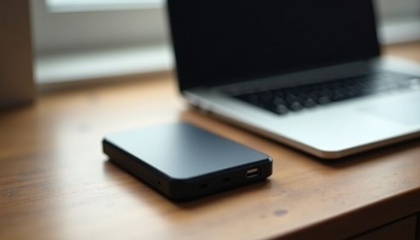 An external SSD next to a laptop on a wooden desk.