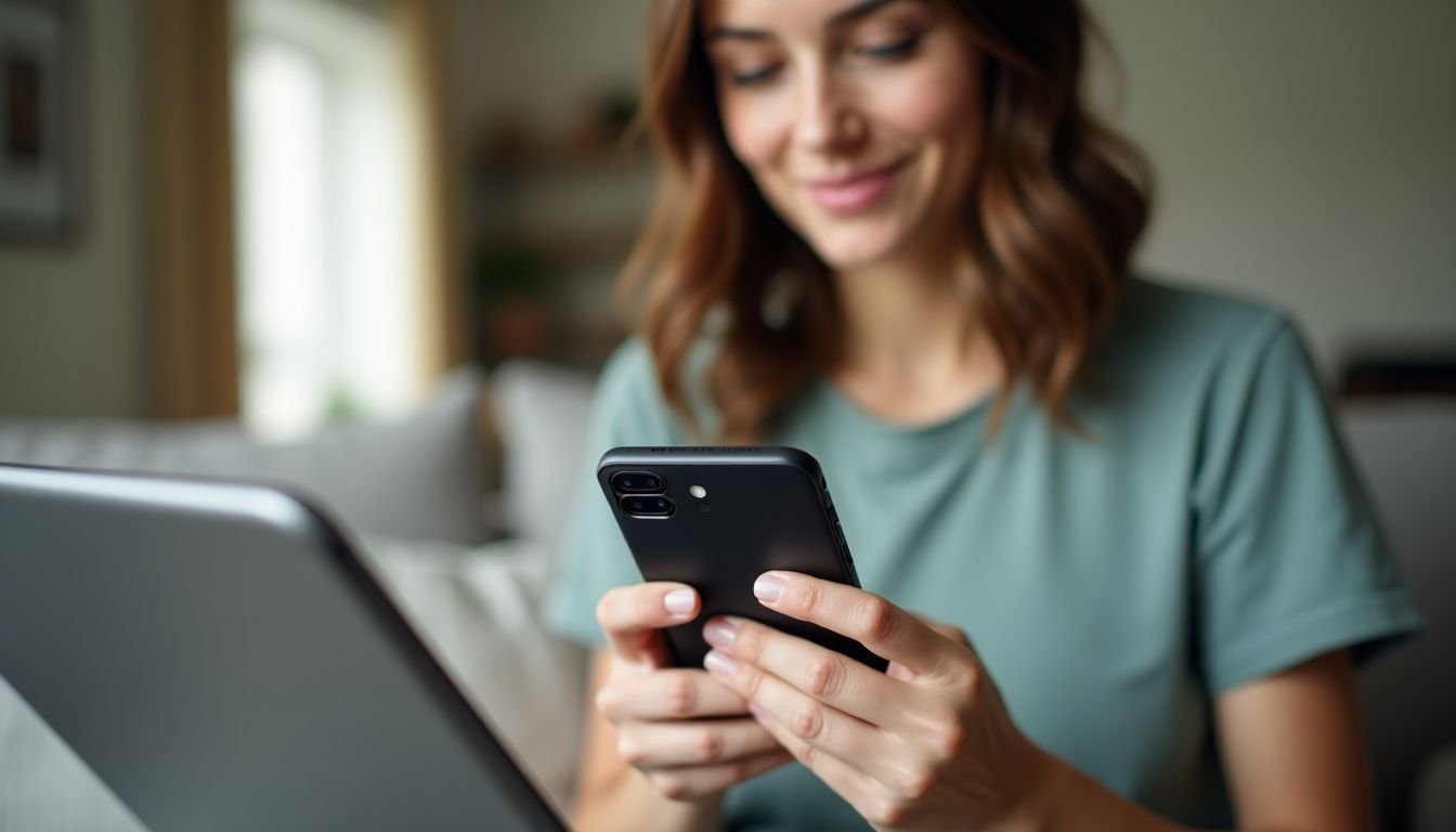 A woman in casual clothing uses a power bank to charge multiple devices.