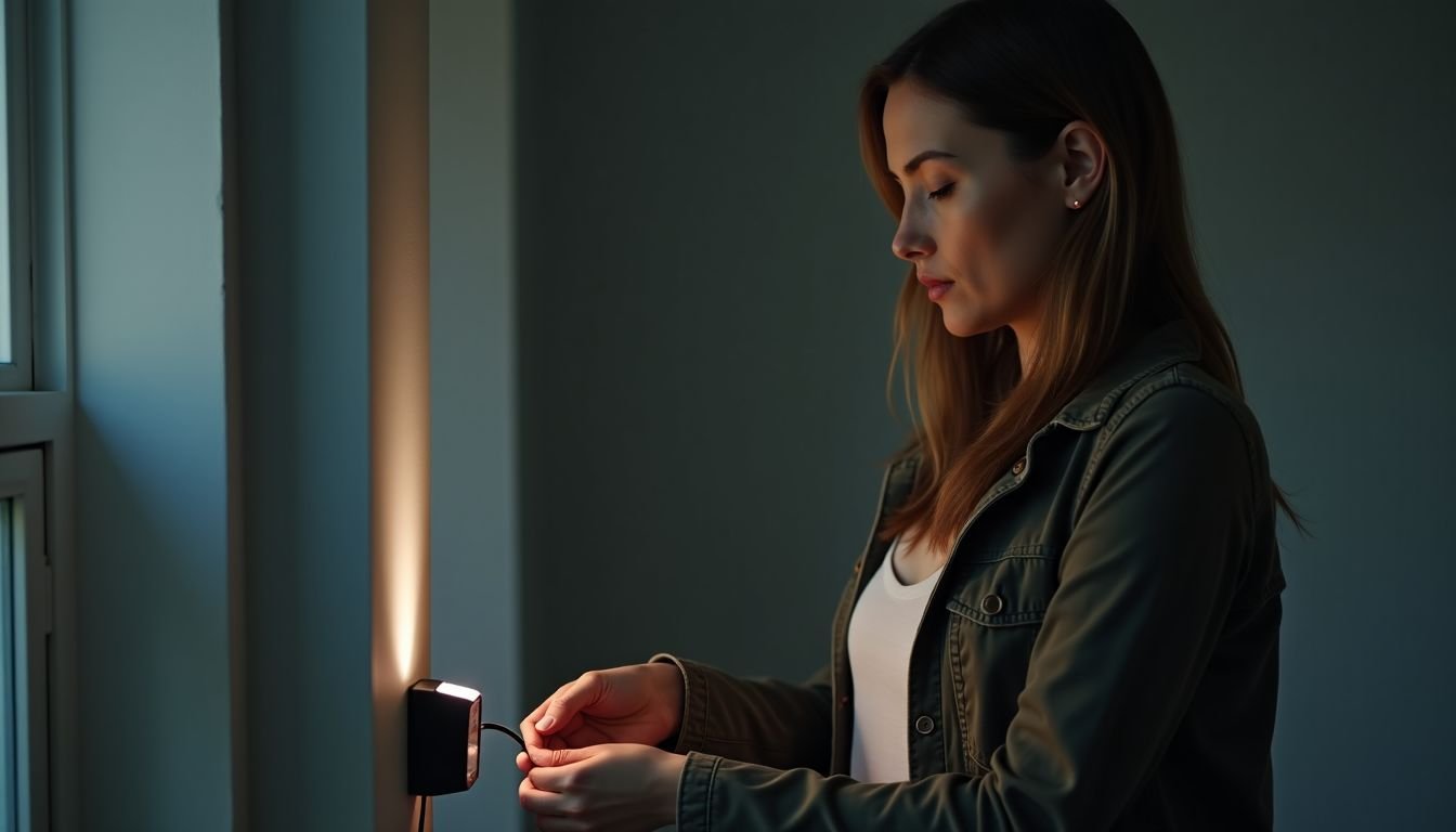 A woman is setting up a camera for remote monitoring.