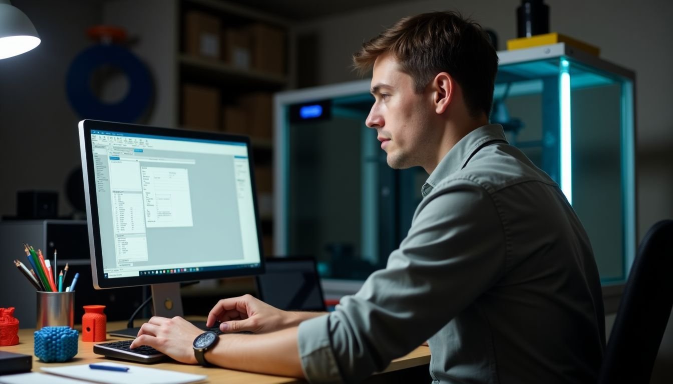 A man working on slicing software for 3D printing at his desk.