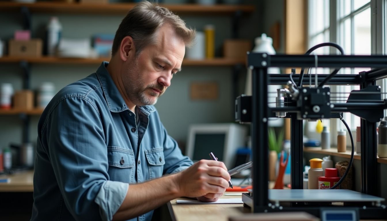 A man in casual clothes cleaning a 3D printer in cluttered workspace.