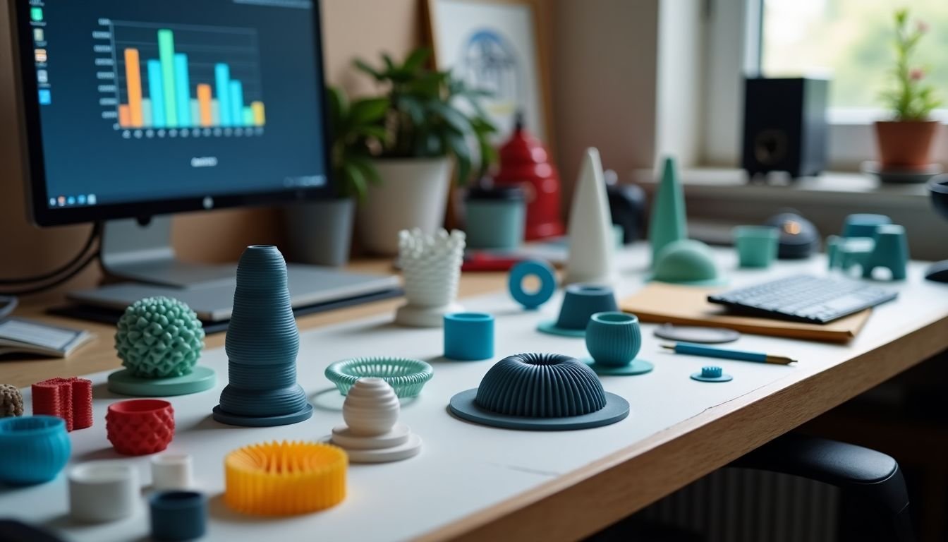 A cluttered workbench filled with 3D printed objects and tools.