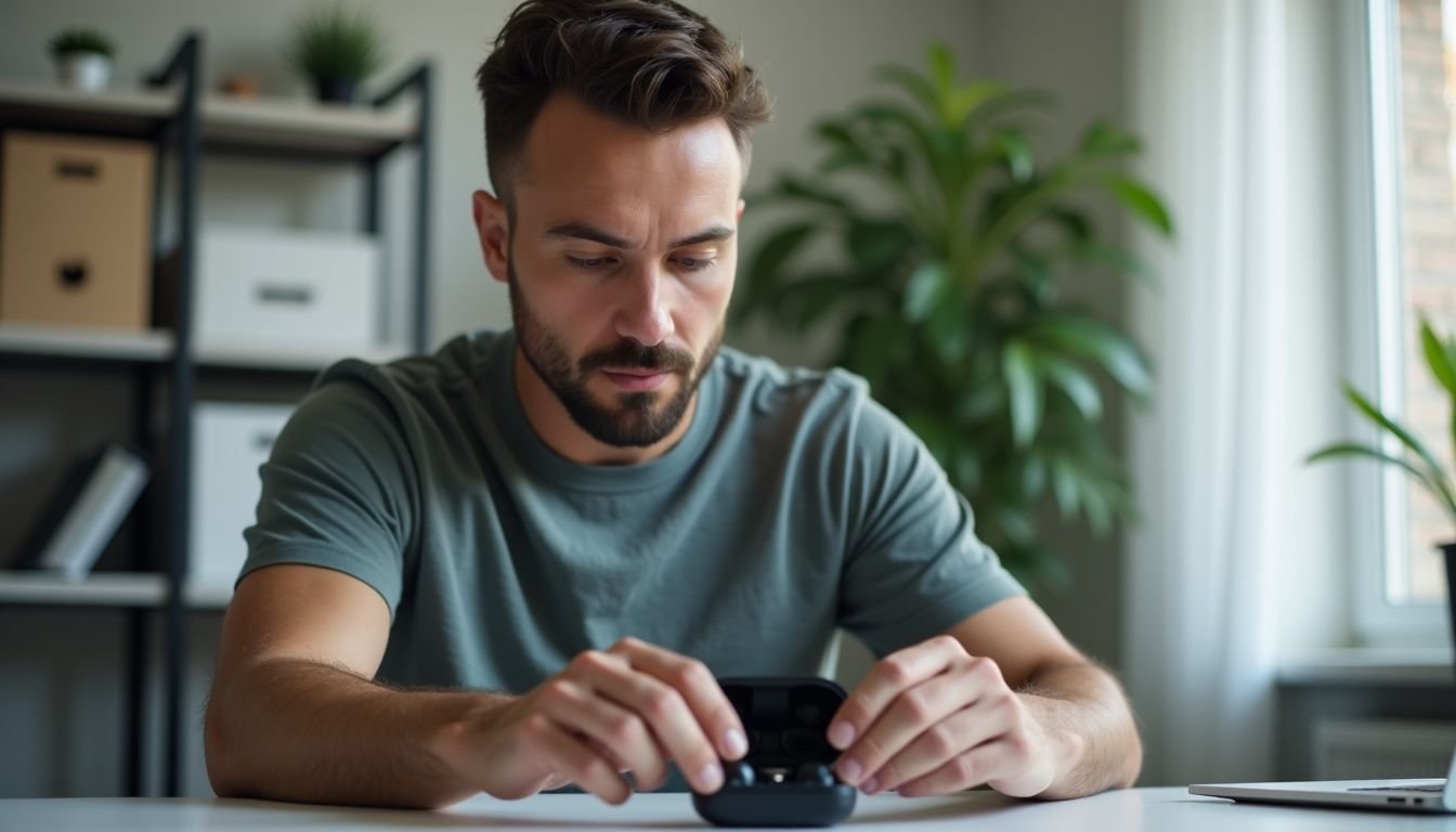 A man in casual clothes placing earbuds in a charging case.