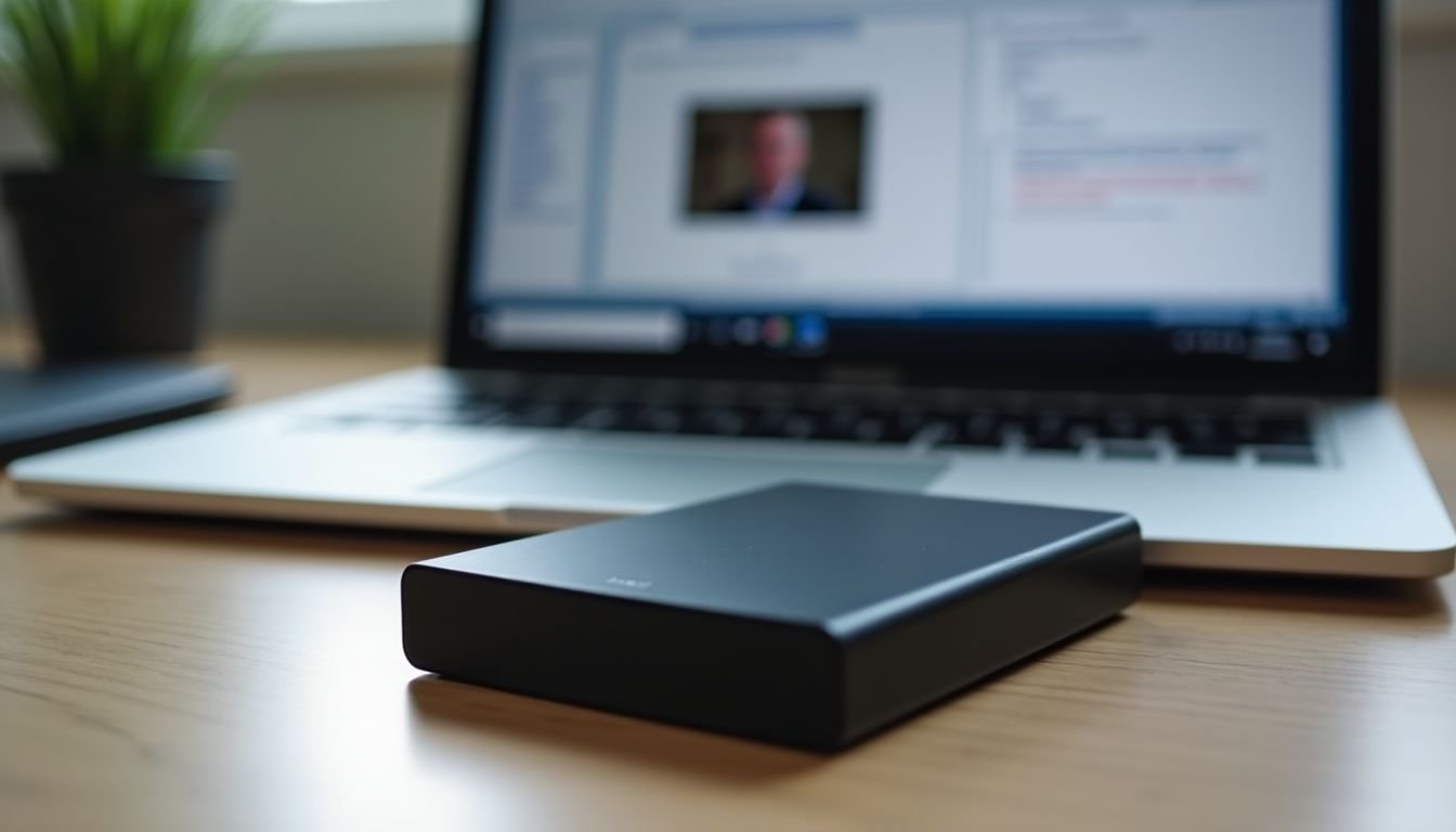 An external hard drive and laptop provide data backup security.