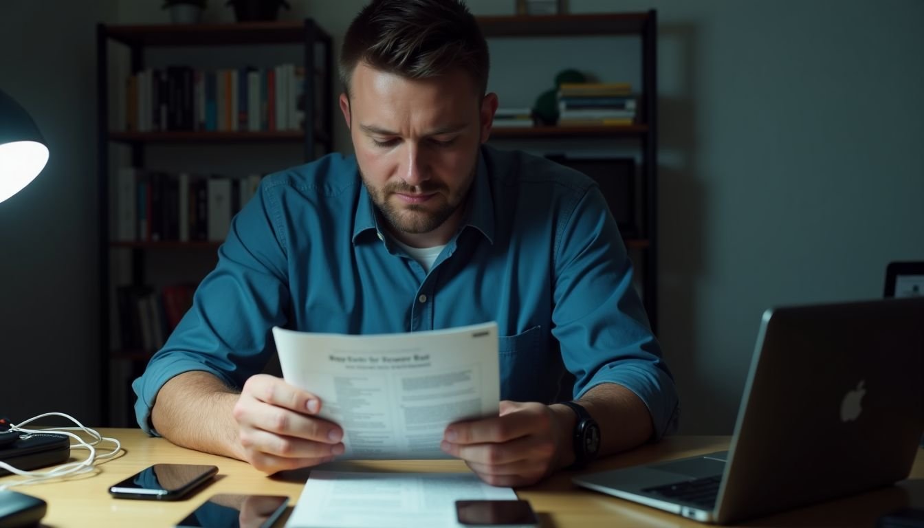 A man reads a user manual for a power bank at his desk.