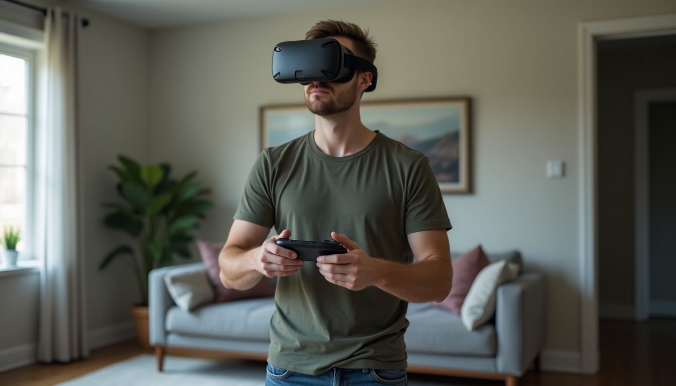 A man in his 30s setting up a virtual reality gaming area in a spacious living room.