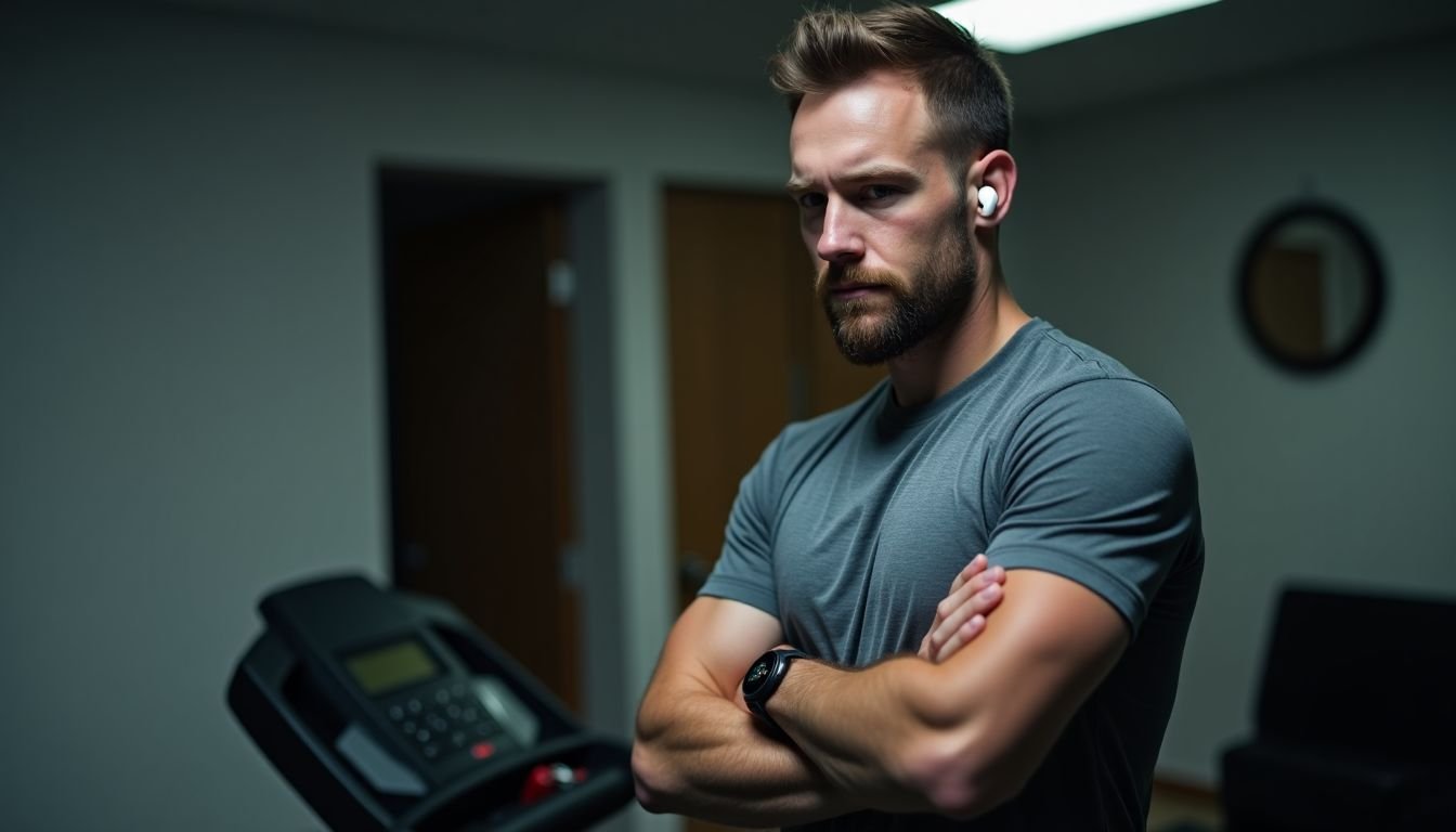 A man in his 30s syncing his running watch at home.