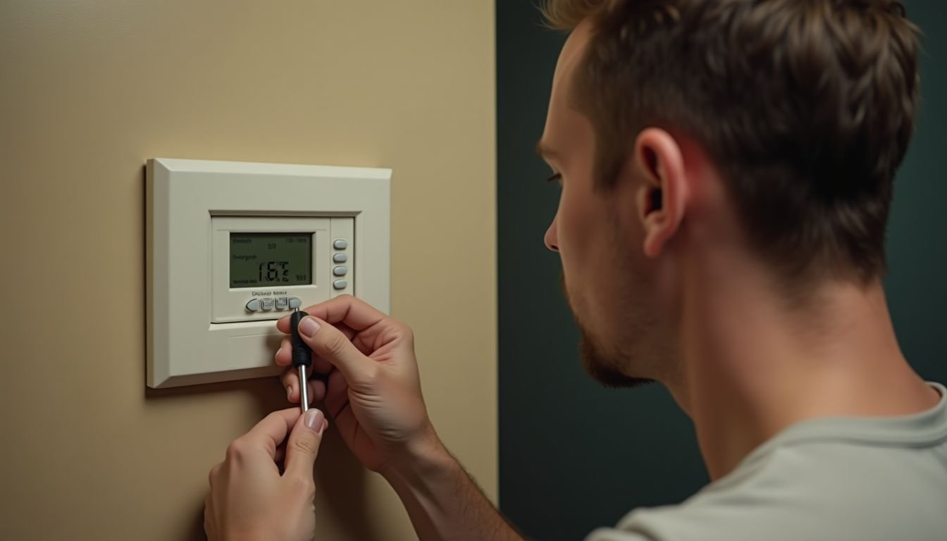 A man in his 30s is working on an old thermostat.