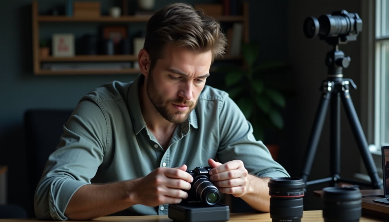 A man in casual clothing inserts an SD card into a camera.