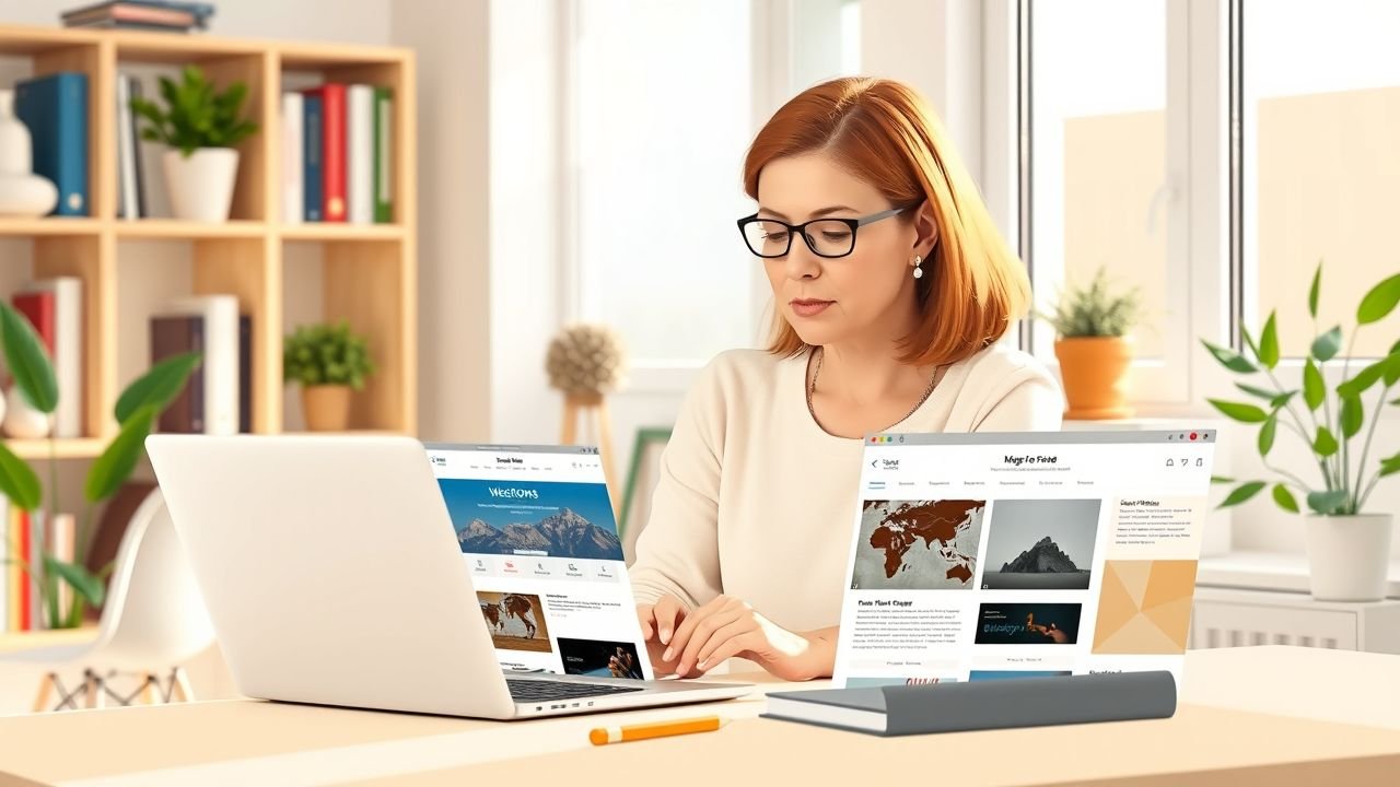 A woman is browsing WordPress themes in her home office.