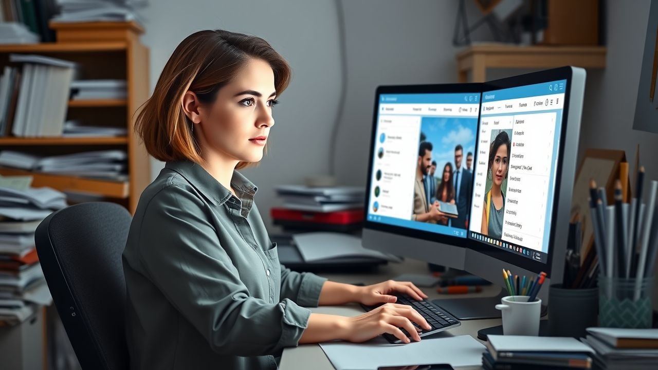 A woman working at a cluttered desk on website navigation.