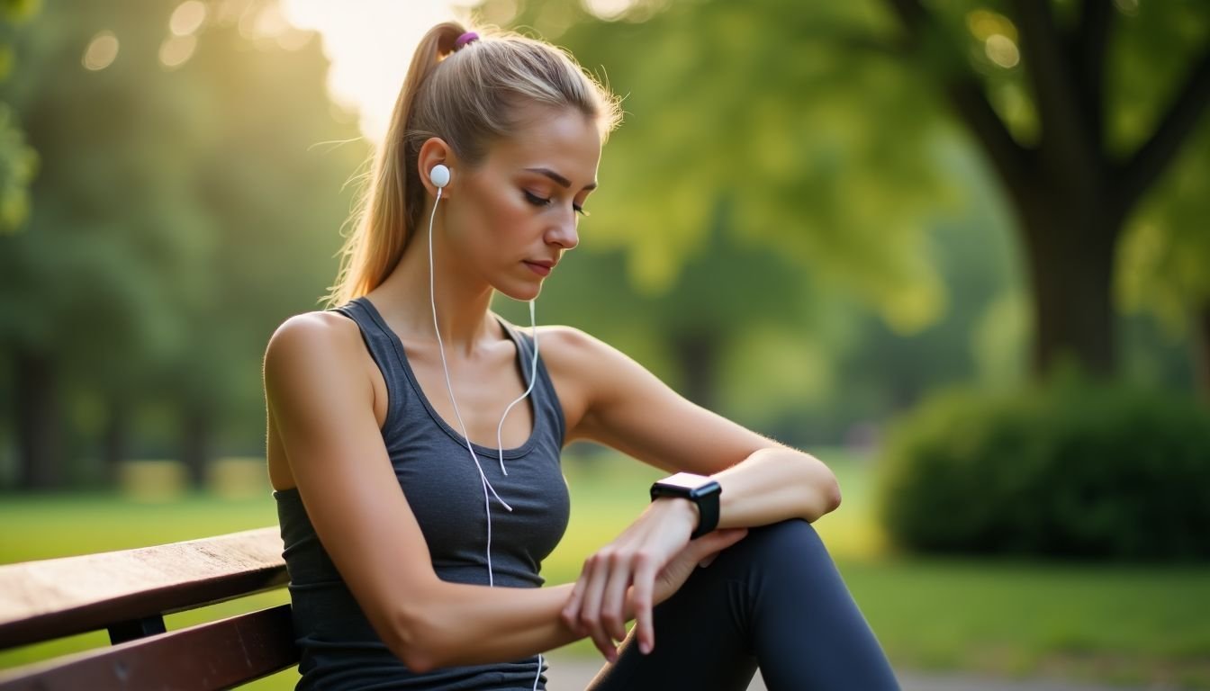 A woman in casual athletic clothing checks her Apple Watch in a park.