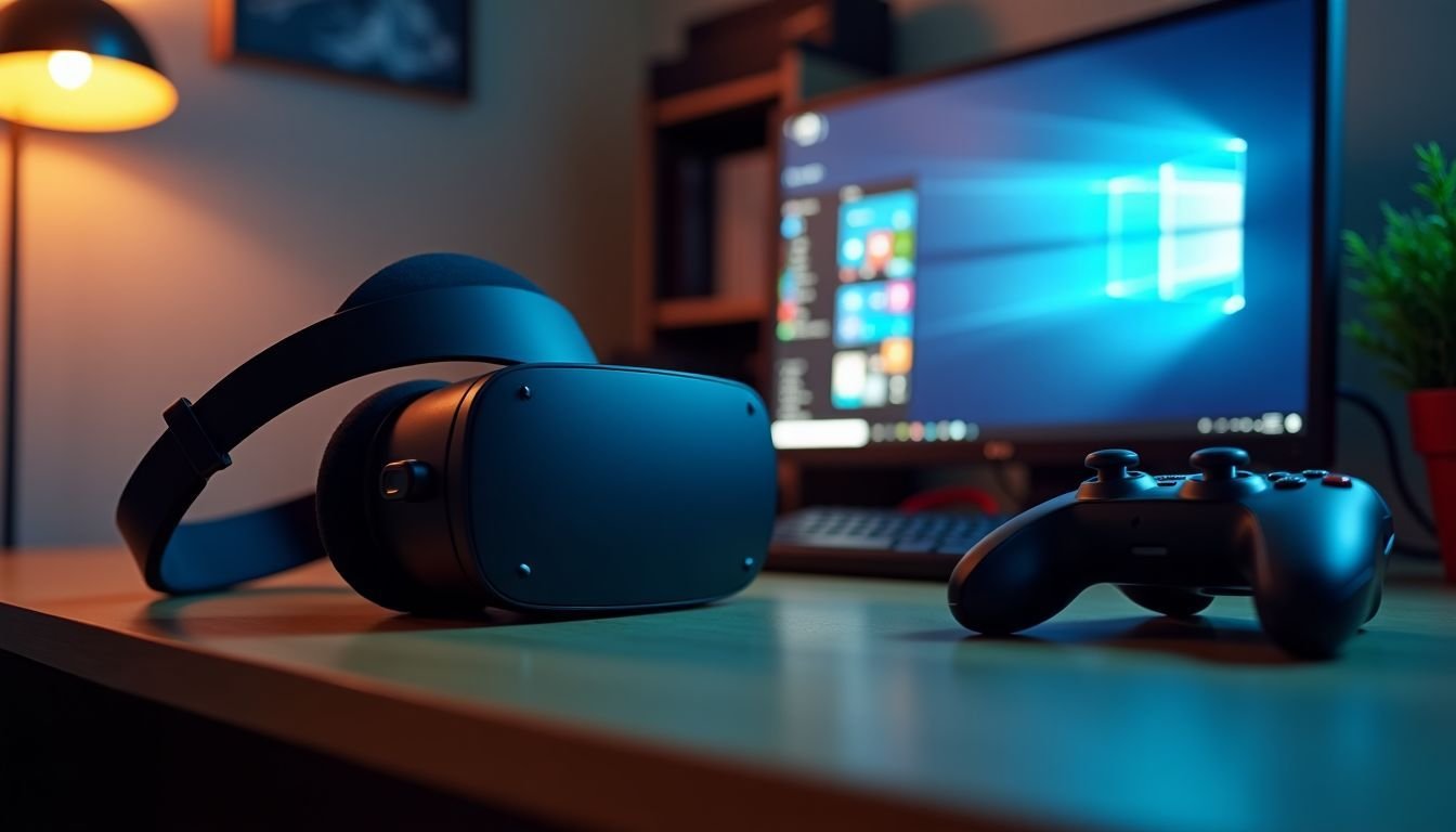 An Oculus Quest headset connected to a PC with Virtual Desktop.