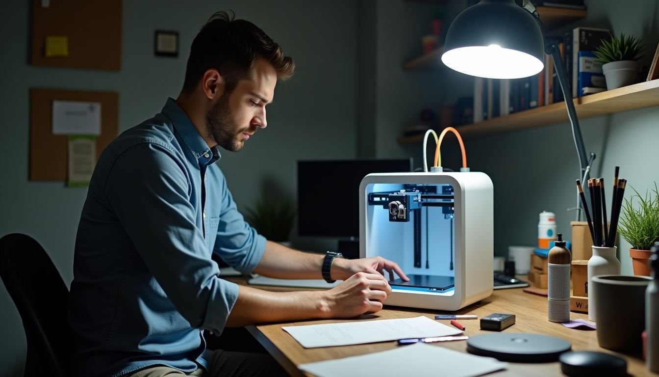 A man in his late 30s setting up a 3D printer in a cluttered home office.