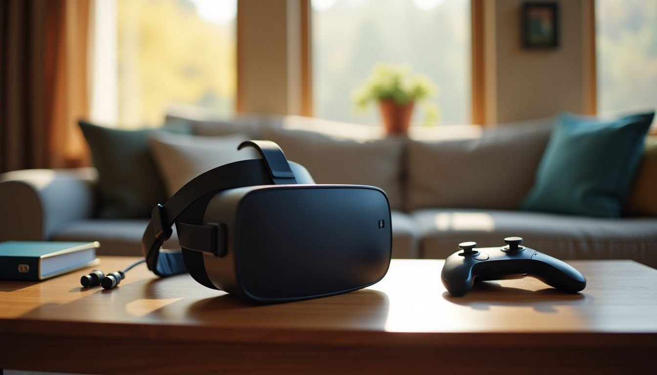 A Oculus Quest 2 VR headset and gaming accessories on a desk.