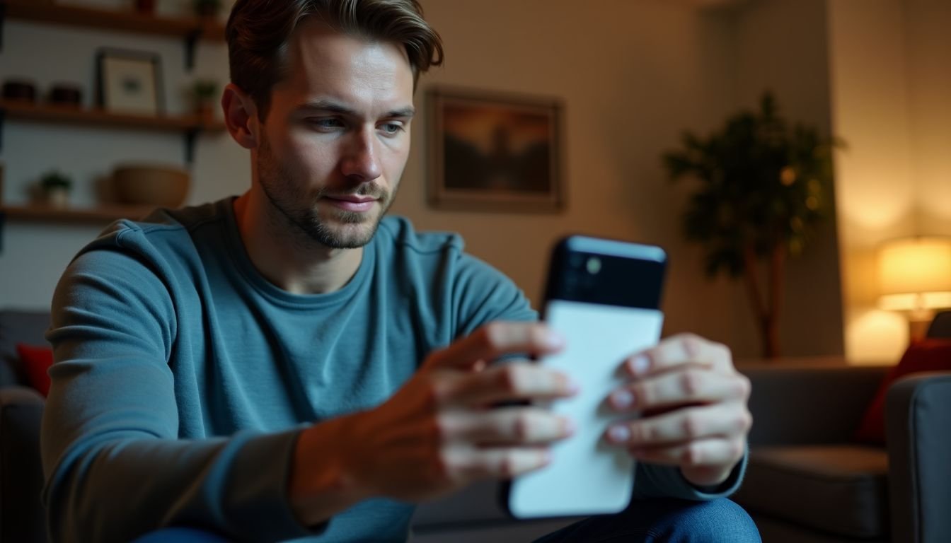 A man sets up a smart home device in a cozy living room.