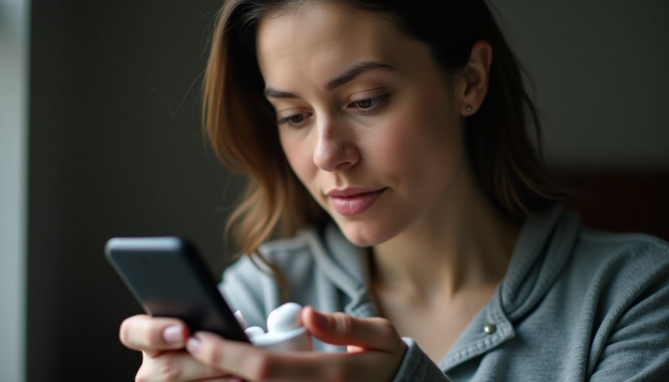 A woman inspects wireless earbud charging contacts for maintenance.