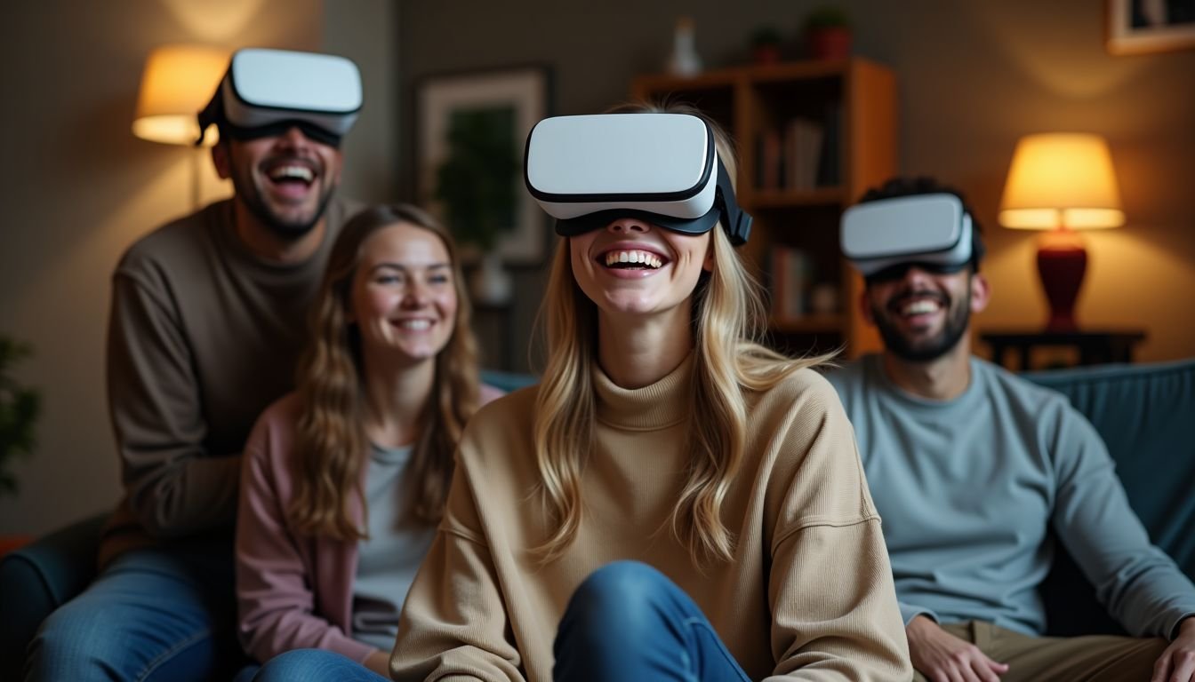 A young woman interacts with a diverse group of VR users in a casual virtual living room setting.