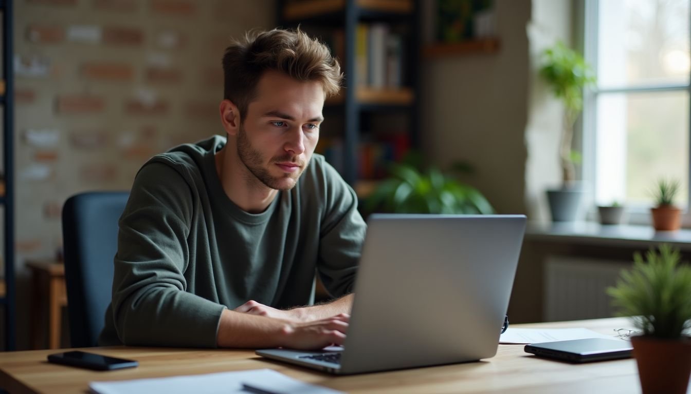 A photographer editing images on a laptop in a cozy home office.