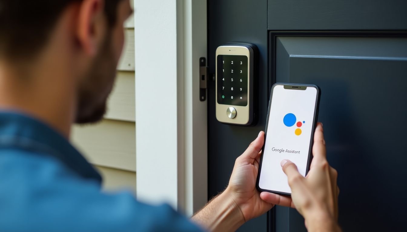 A modern digital lock being installed with smartphone and voice command integration.