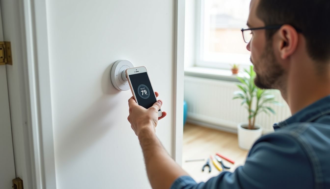 A smart thermostat being installed on a white wall in a living room.