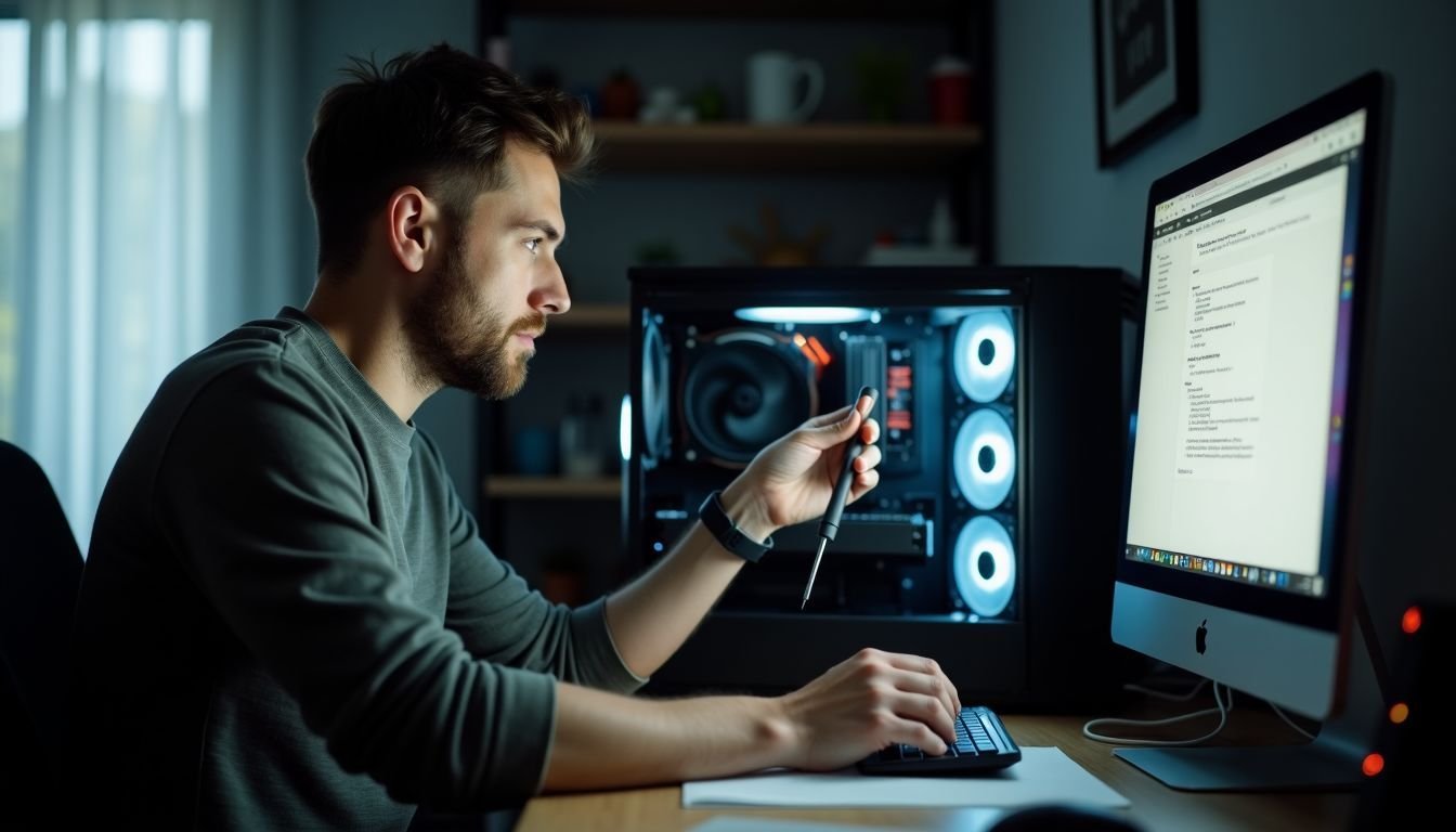 A man is seated at a cluttered desk, focused on opening his computer tower.