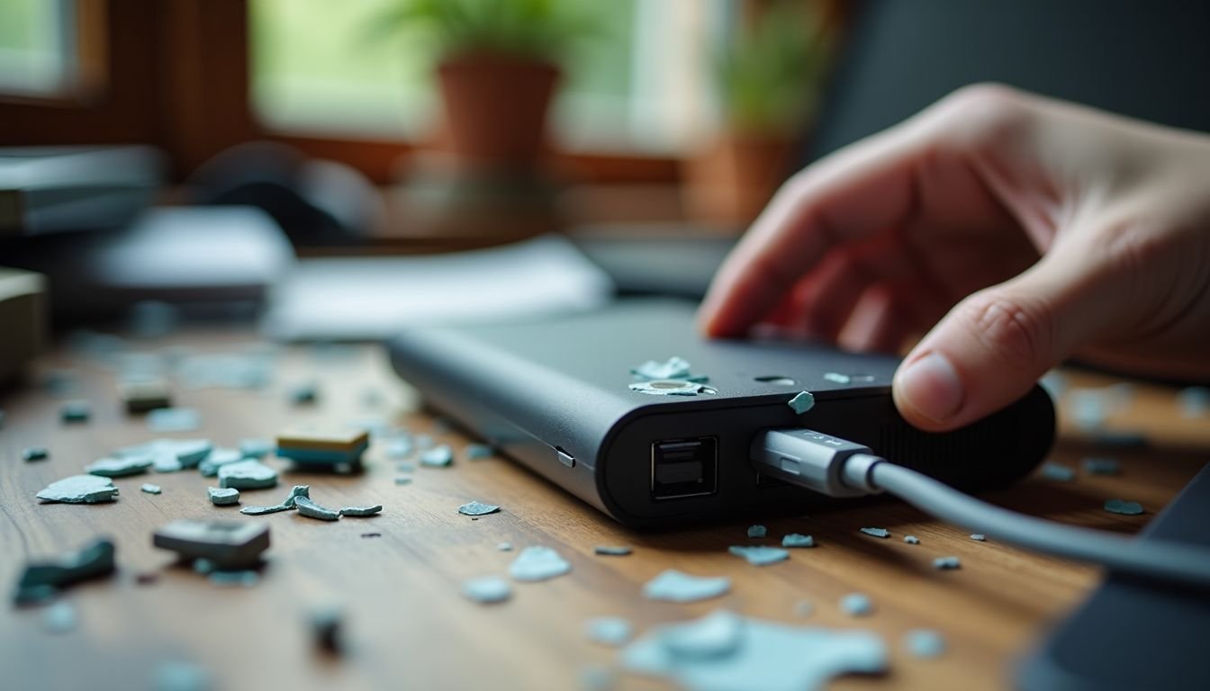 A person inspects a worn-out power bank for damage.