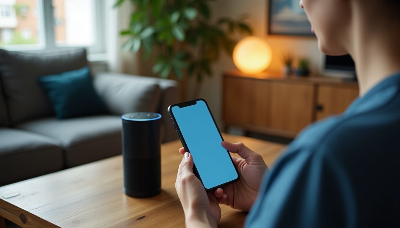 An Alexa device being set up in a modern living room.