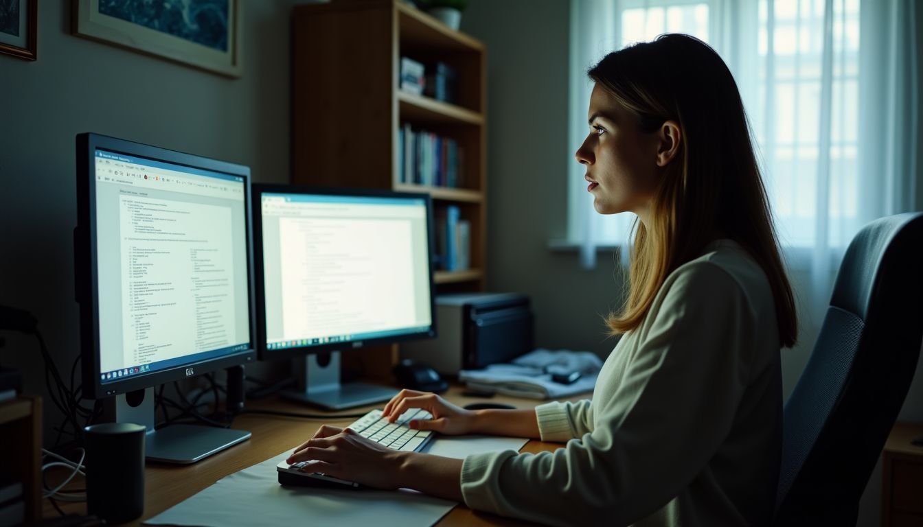 A woman is adjusting computer display settings at her cluttered desk.