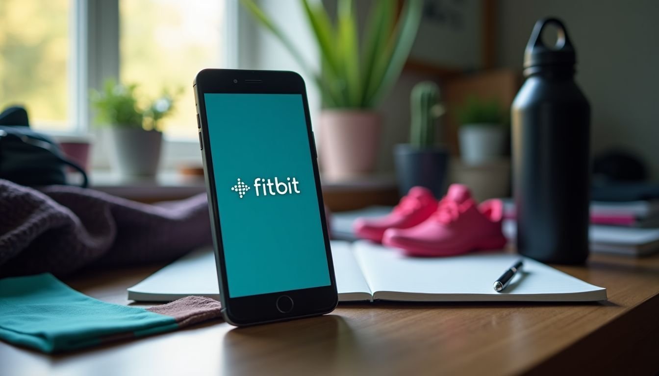 A smartphone displays the Fitbit app on a cluttered fitness desk.