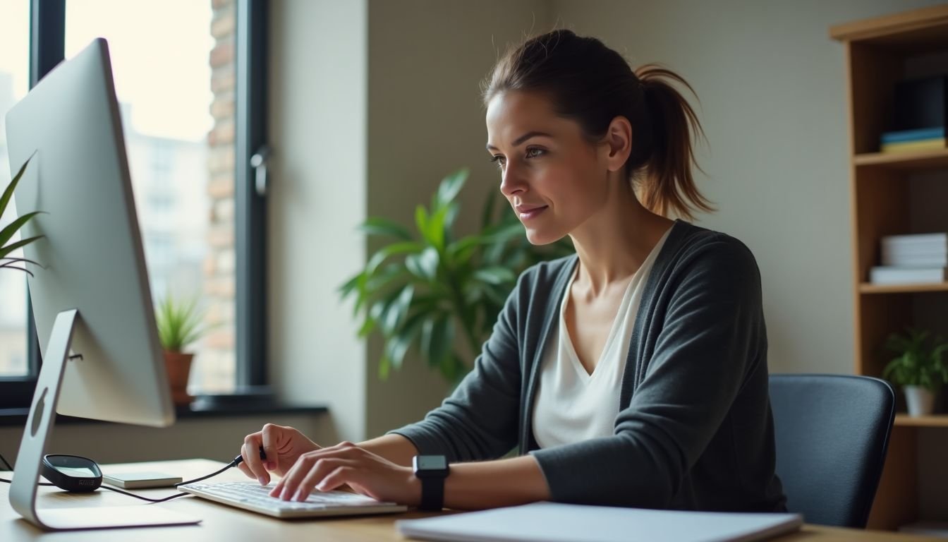 A woman syncing her fitness tracker at a clean home office.