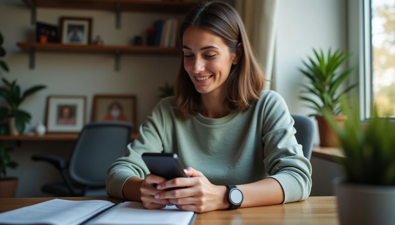 A woman in her 30s syncing her Garmin fitness tracker at home.