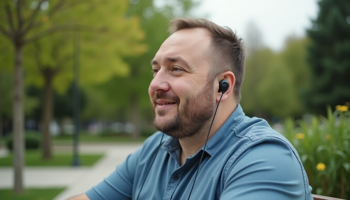 A man in his 30s wearing wireless earbuds in a park.