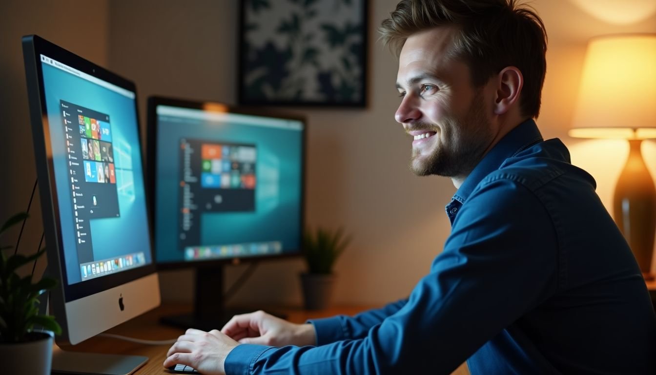 A man in his 30s multitasking on a PC with upgraded RAM.