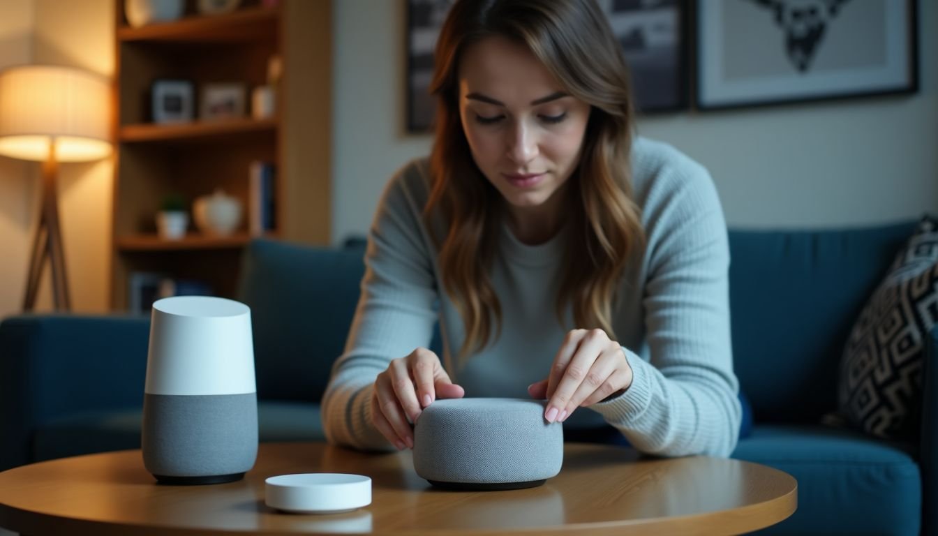 A woman in her 30s arranging smart home devices in a modern living room.