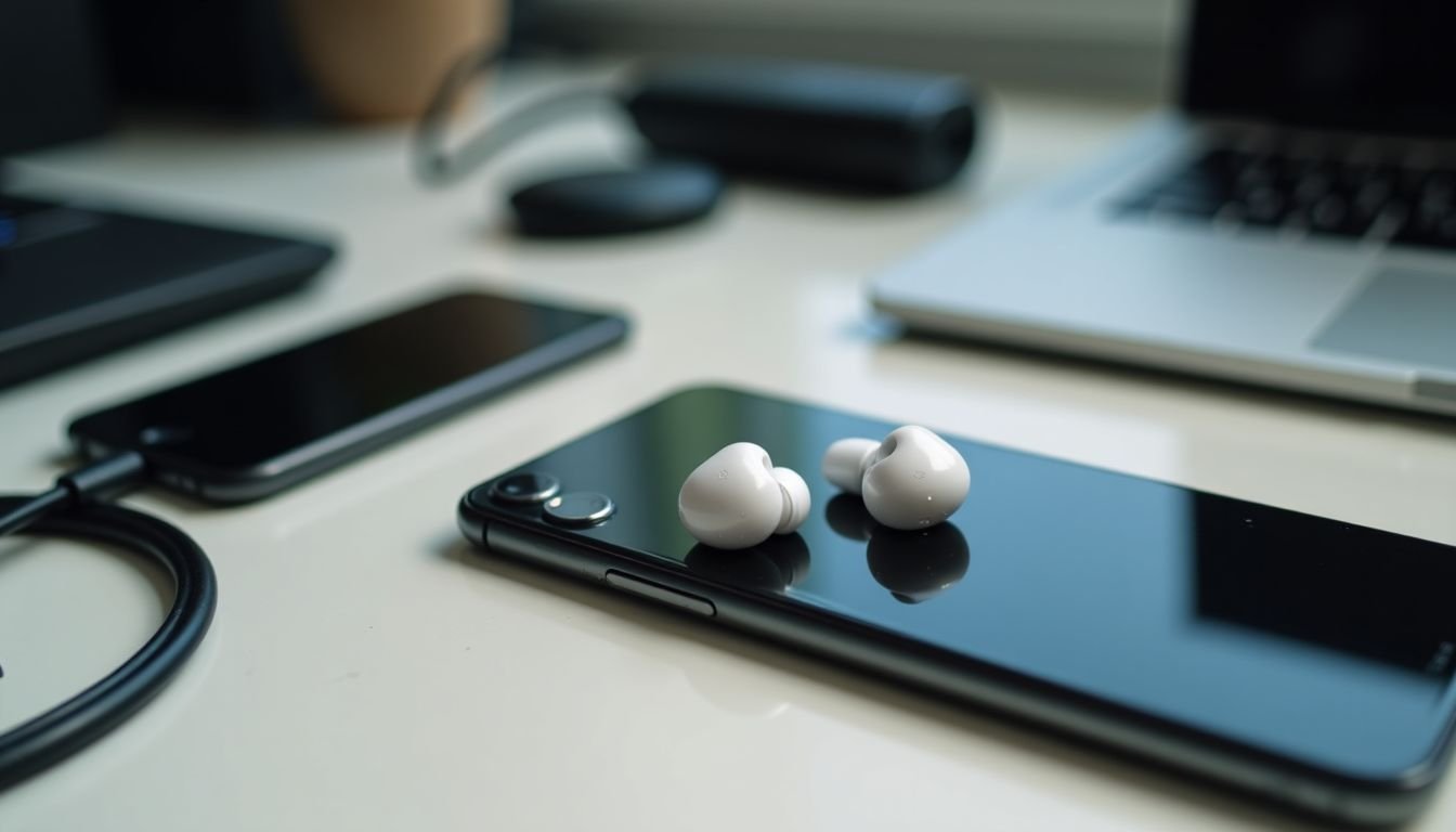 A pair of wireless earbuds and tech gadgets on a cluttered desk.