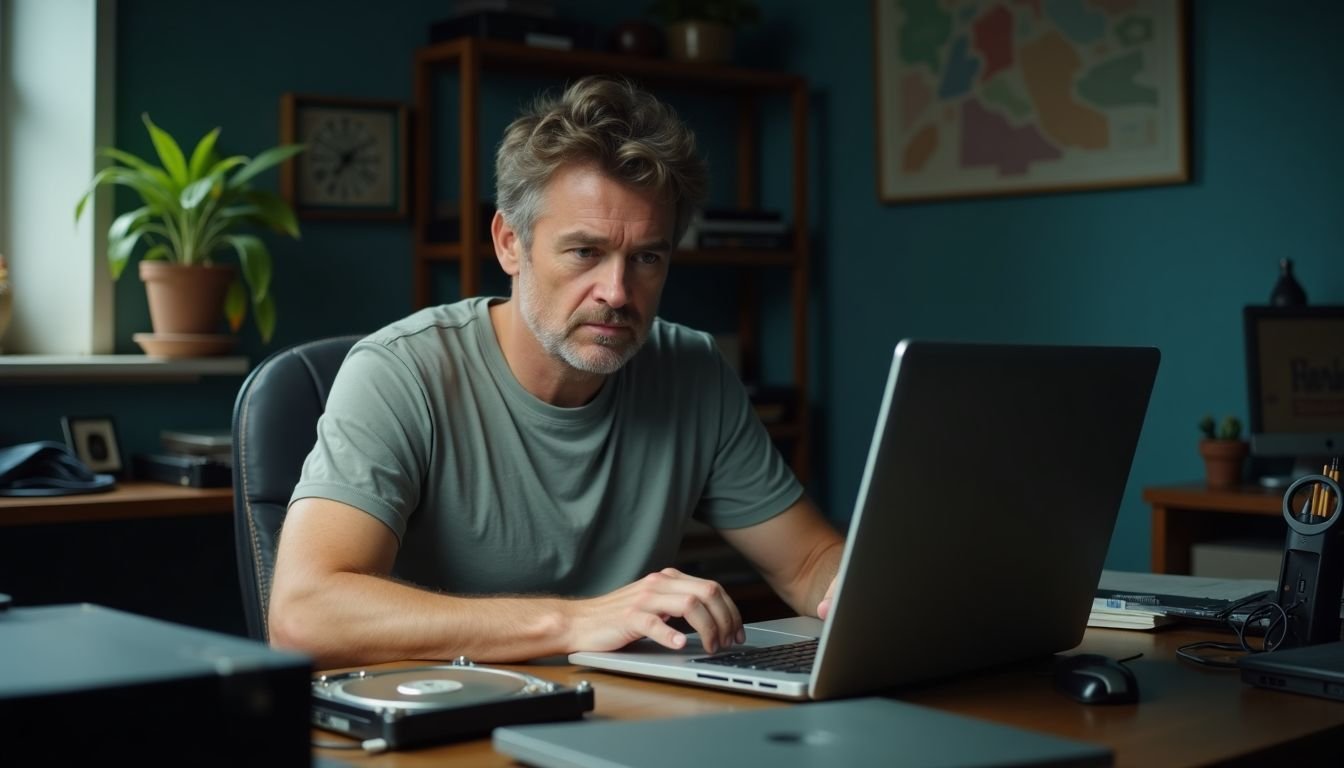 A man in his 30s sits at a cluttered desk with a slow computer, looking frustrated.