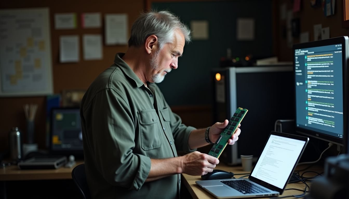 A man in a cluttered garage working on a computer RAM module.