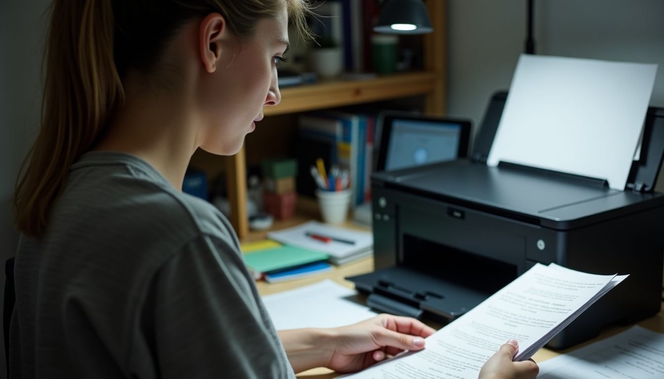 A person adjusts printer settings and experiments with printing materials at home.