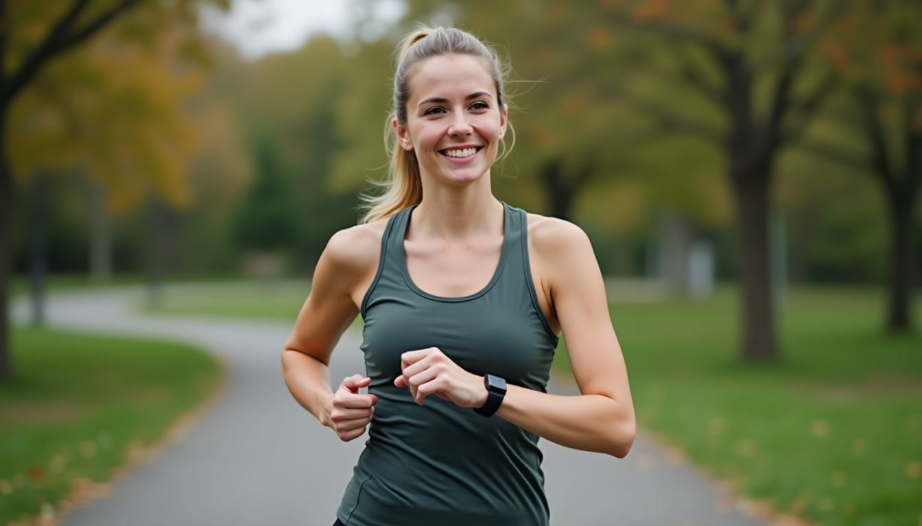 A woman in her 30s is jogging in a park and checking her heart rate.