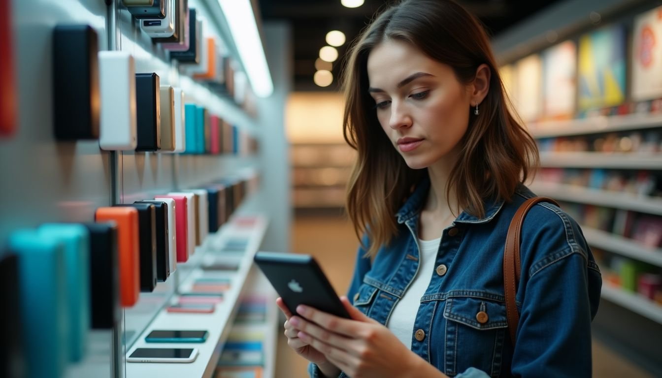 A woman in her 30s carefully compares power bank features in a tech store.