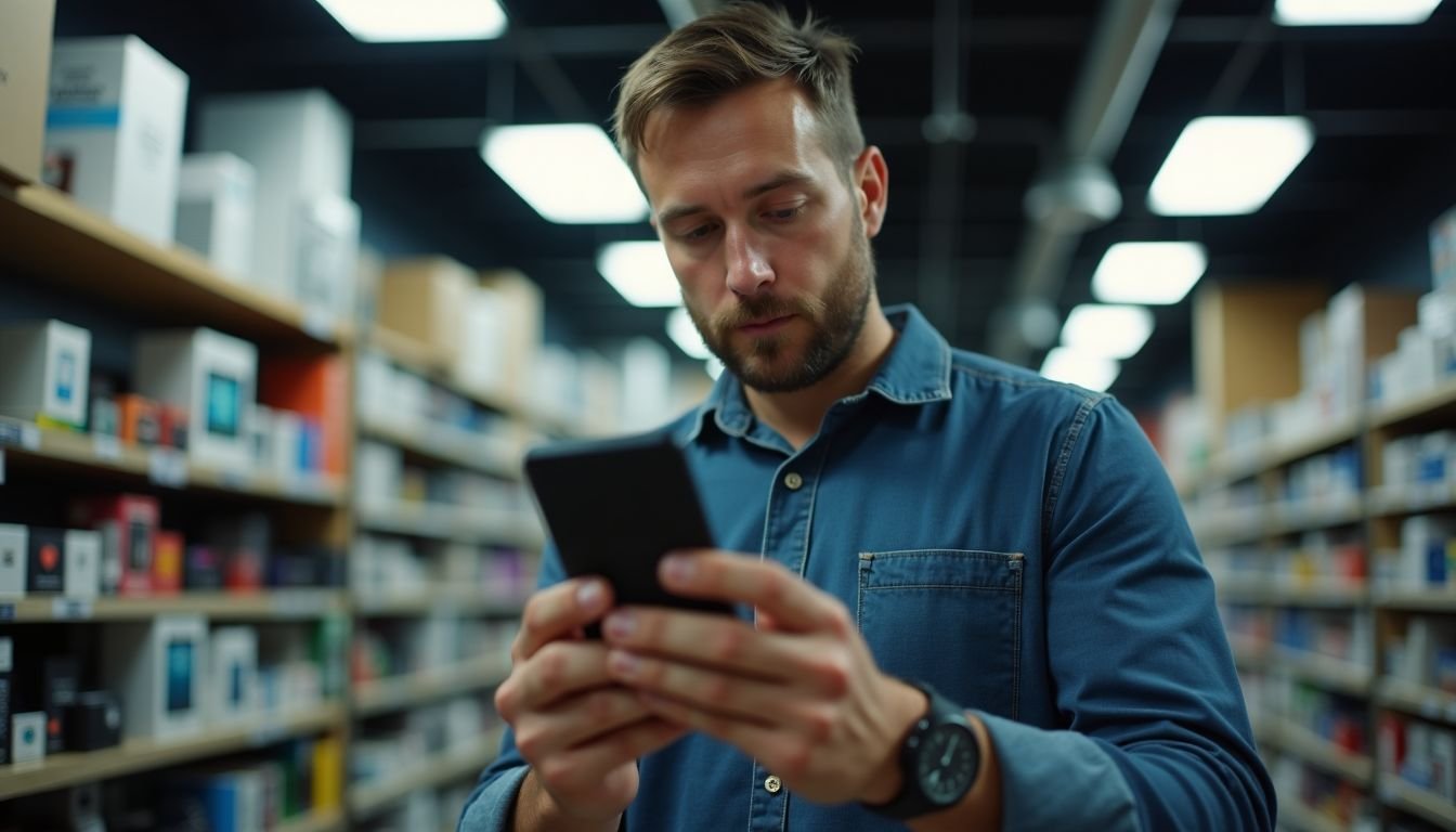 A man in a tech store comparing external SSDs.