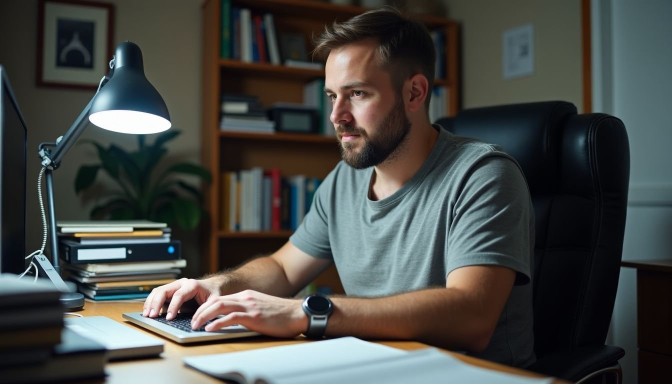 A man organizes digital files at cluttered home office desk.