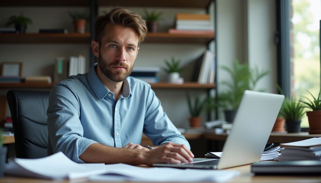 A man sitting at a cluttered desk in a home office setup.