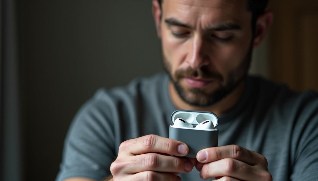 A man in his 30s storing wireless earbuds in a case.