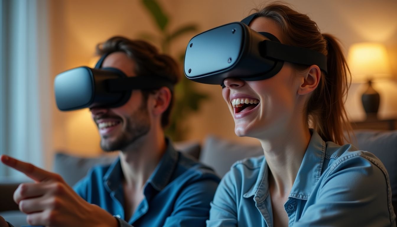 A couple in their 30s enjoying virtual reality with Oculus Quest 2.